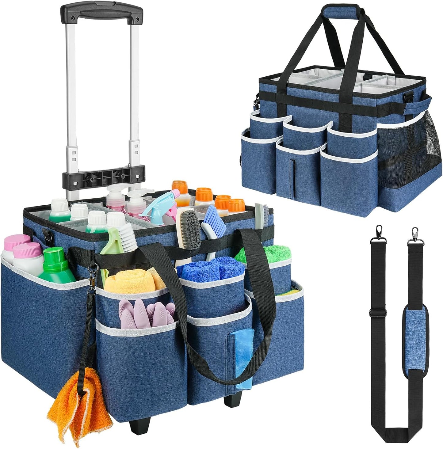 Large Rolling Cleaning Caddy Bag with Detachable Trolley,Cleaning Cart on Wheels with Shoulder Strap,Cleaning Supplies Organizer for Housekeepers,Purple
