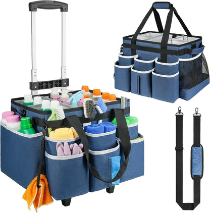 Large Rolling Cleaning Caddy Bag with Detachable Trolley,Cleaning Cart on Wheels with Shoulder Strap,Cleaning Supplies Organizer for Housekeepers,Purple