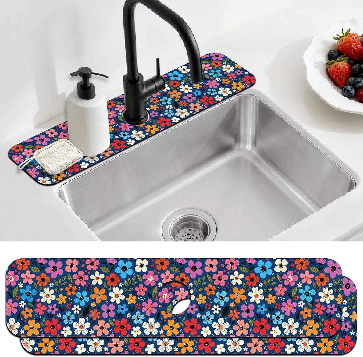 2 Pcs Kitchen Sink Splash Guard Faucet Mat Wood Grain Pattern Faucet Mat for Sinks Natural Wood Color Absorbing Drying Mats for Kitchen Bathroom, 23.6x5.5inch