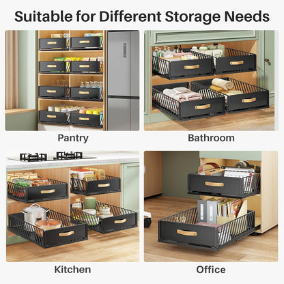 Pull out Cabinet Organizer,Heavy Duty Slide out Pantry Shelves Drawer Storage with Adhesive Nano Film,Sliding Mesh Cabinet Basket with Handle for Kitchen, Bathroom, Home, 11.8"W X 15.7"D X6.2"H,Black