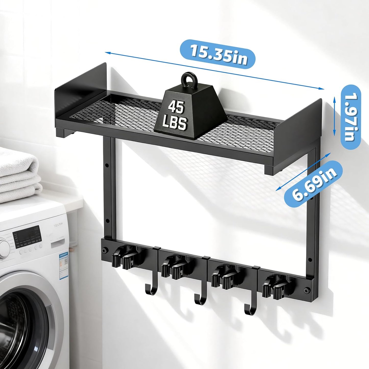 27" Mop and Broom Holder Wall Mount with Top Storage Shelf & Hooks,Black | Mop Hanger Wall Mount, 5 Grippers, 5 Hooks, Wall Organizer For Laundry Room, Garage And Kitchen