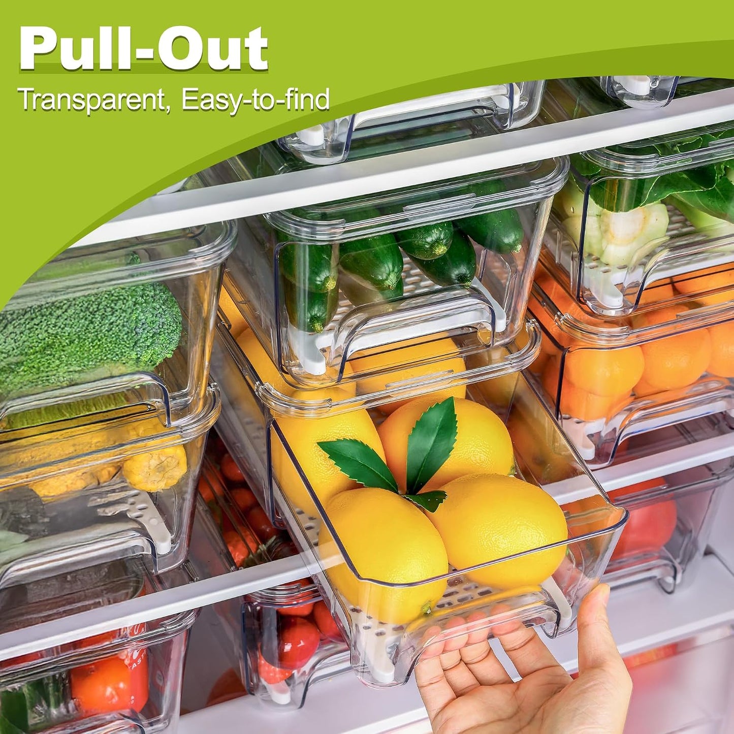 4-Pack Refrigerator Drawer Organizer Bins, Clear Stackable Pull Out Fridge Organizers and Storage Container, with Strainer Layer for Fruits, Vegetables, Drinks, Snack and Food