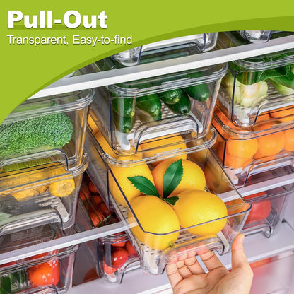 4-Pack Refrigerator Drawer Organizer Bins, Clear Stackable Pull Out Fridge Organizers and Storage Container, with Strainer Layer for Fruits, Vegetables, Drinks, Snack and Food