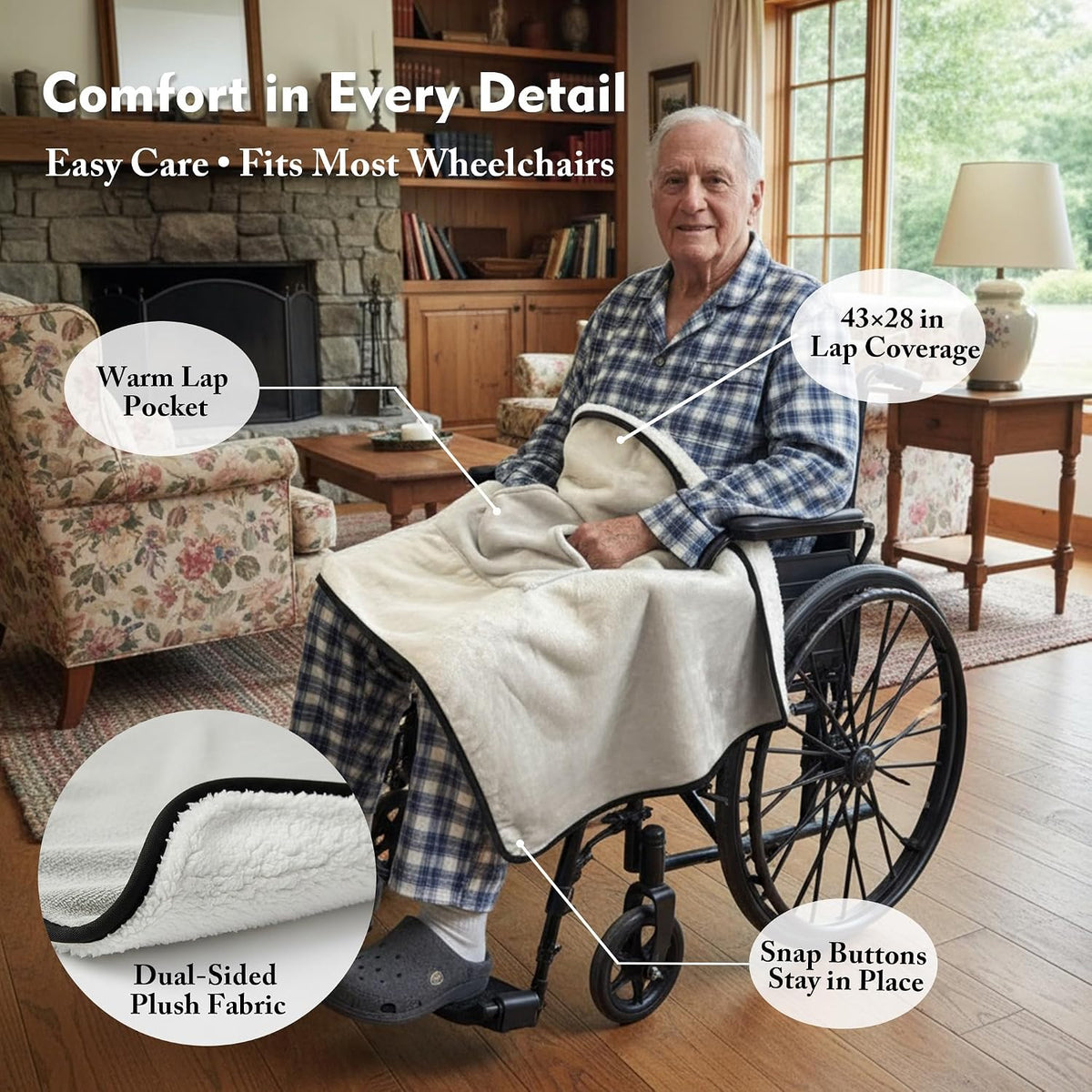 Wheelchair Lap Blanket for Seniors, 43" * 28" Soft Sherpa Lined Knee & Lap Cover, Warm Lightweight Throw with Snap Buttons, Cozy Comfort for Elderly & Caregivers, Wine Red