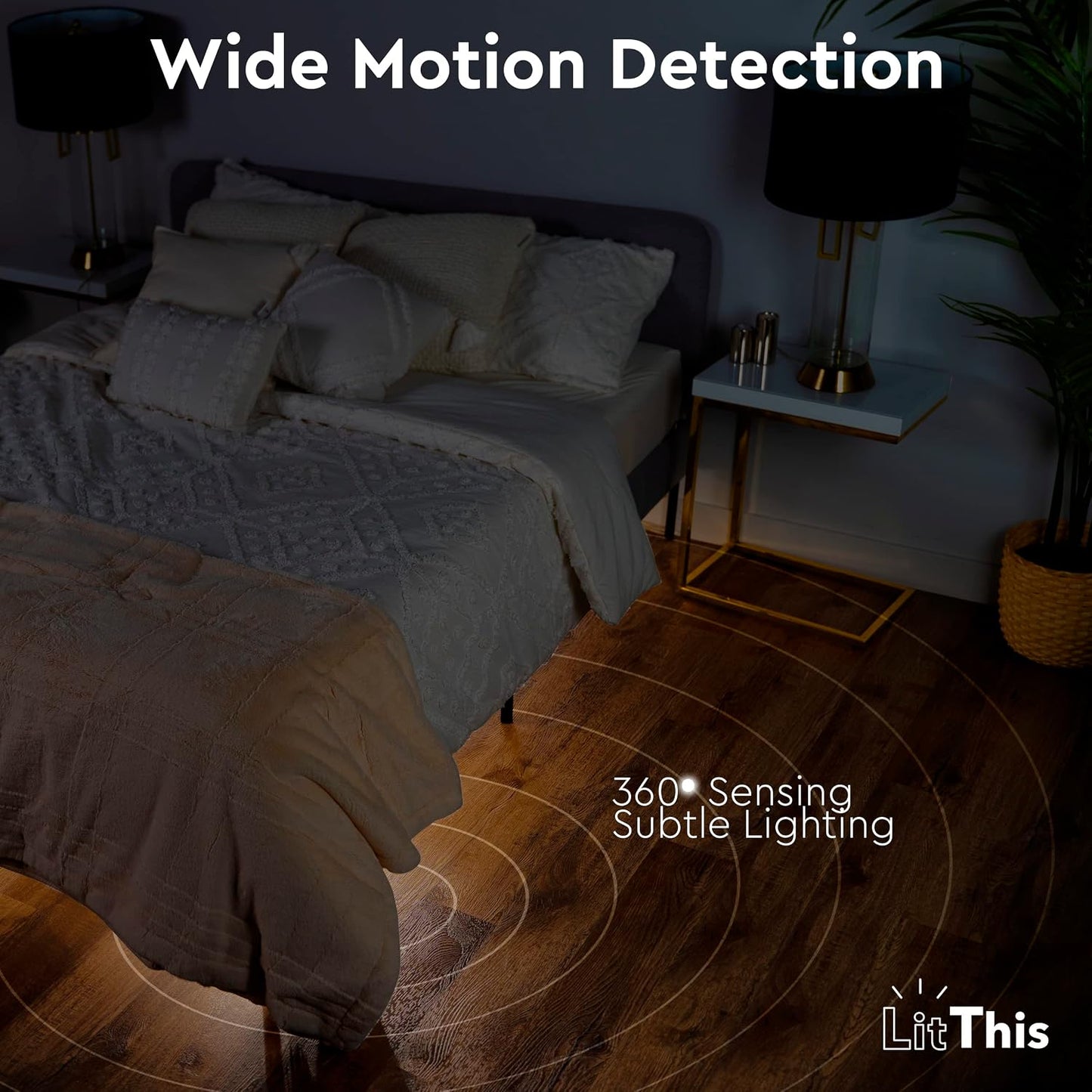 Under Bed Lights Motion Sensor Patented 360° motion activated night light for under bed light. – No Installation, easily positioned, dimmable, auto on/off.