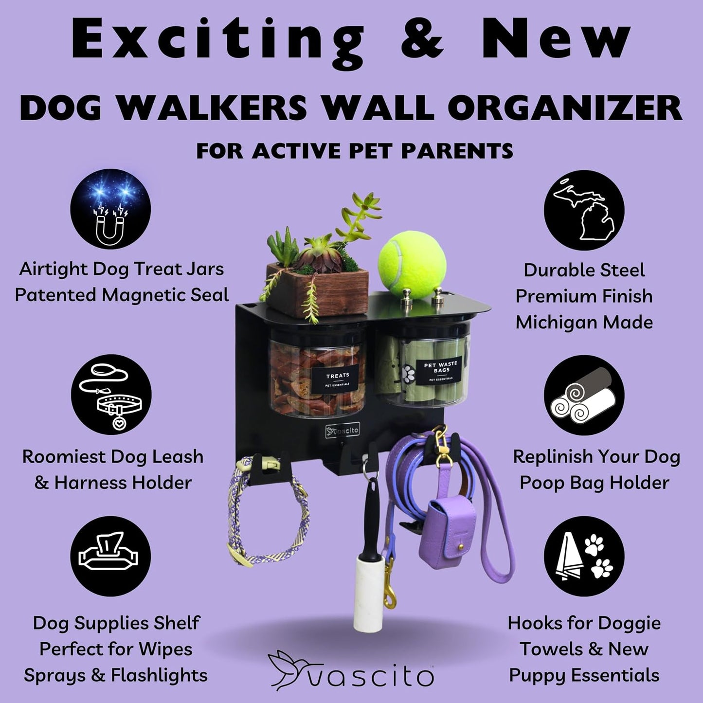 Dog Leash Holder for Wall with Shelf — Wall Mounted Dog Treat Holder & Station, 2 Airtight 32oz Treat Containers, 9 Hooks, Patented Lidless Slide-to-Seal Jars, Solid Steel, Made in USA