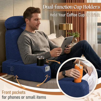 Reading Pillow/Backrest Pillow with Arms, Cup Holder & Phone Pocket