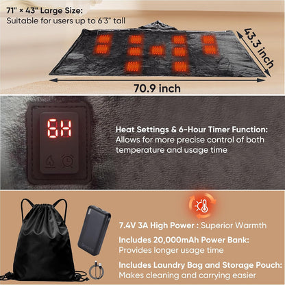 Large Cordless Heated Blanket Shawl, 71"×43" with Power Bank