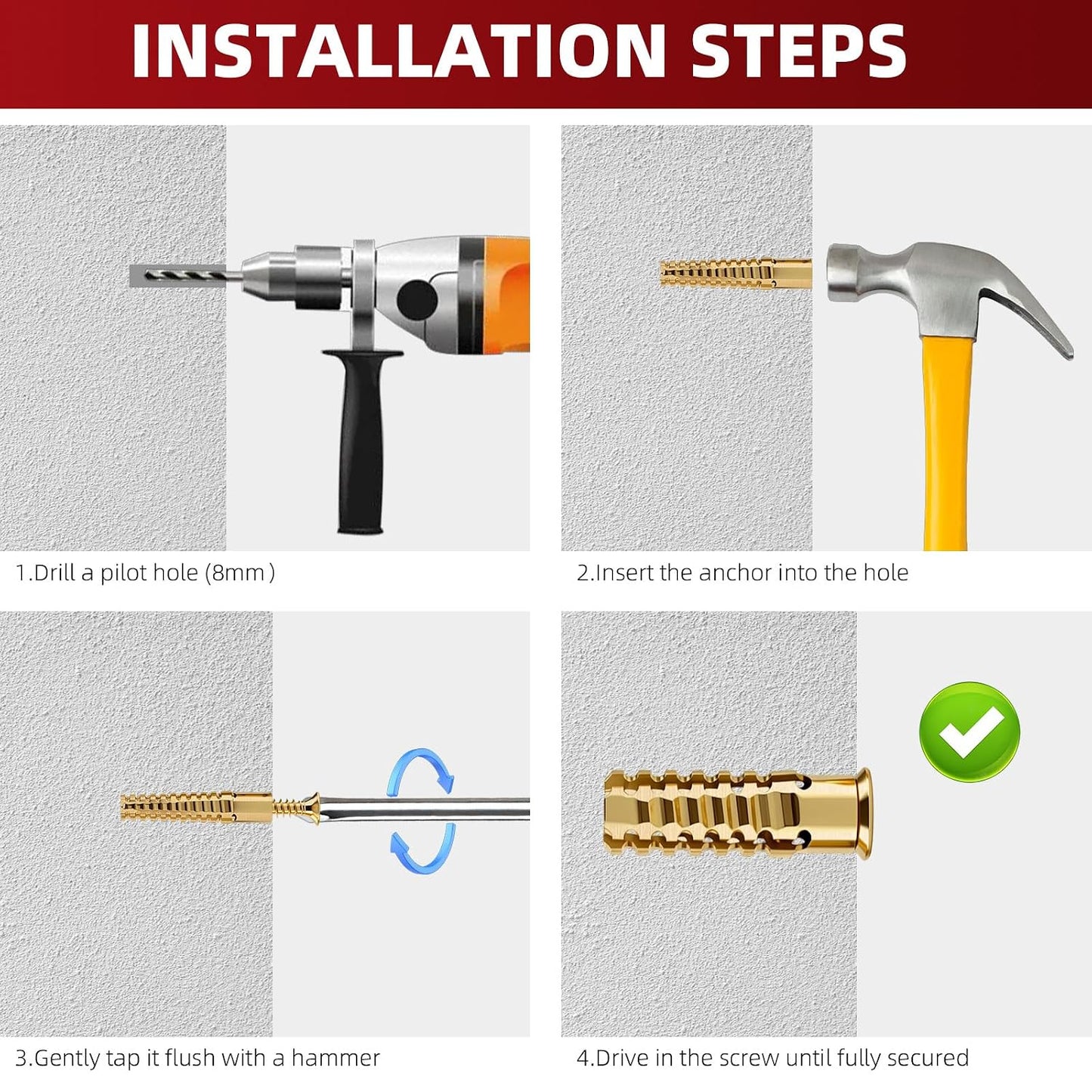 50 PCS Expansion Anchors with Screws for Door Hinge Repair, Hinge Repairs Screw Set, Compatible with Drywall, Concrete, Plaster & Wood Surfaces
