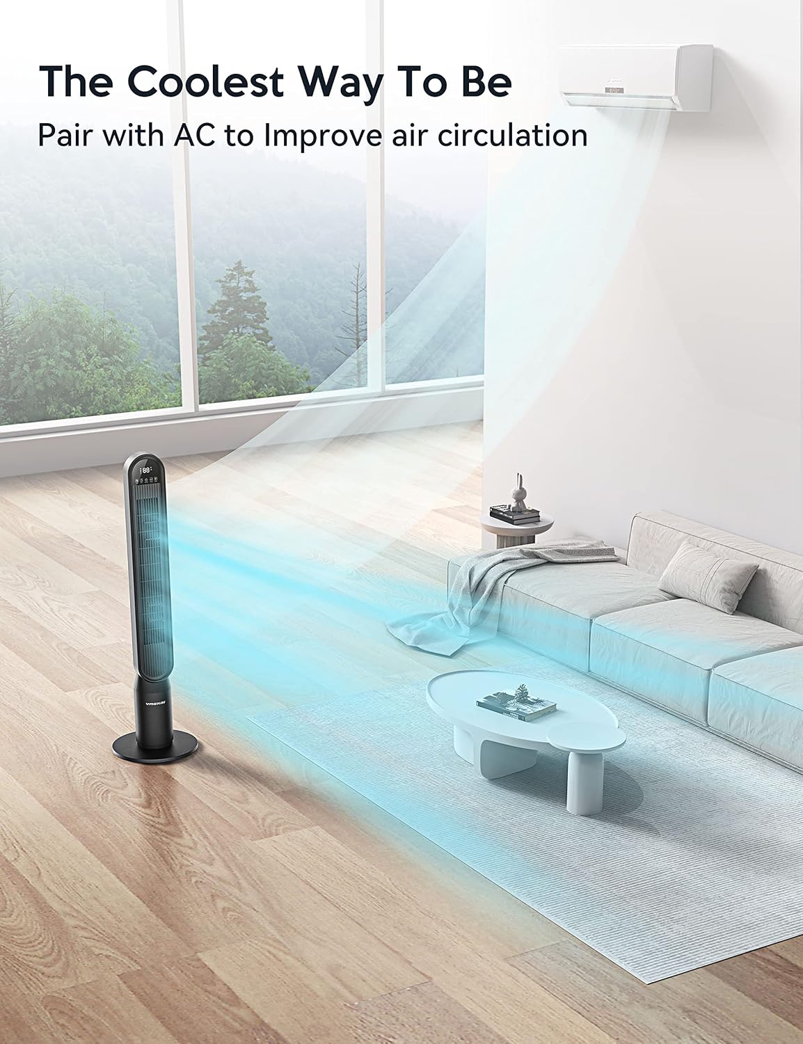 VAGKRI Tower Fan for Bedroom, 42" Quiet Floor Fan with 135° Vertical 90°Oscillation, 4 Modes, 4 Speeds, 15H Timers Standing bladeless Fans with Remote for Indoors