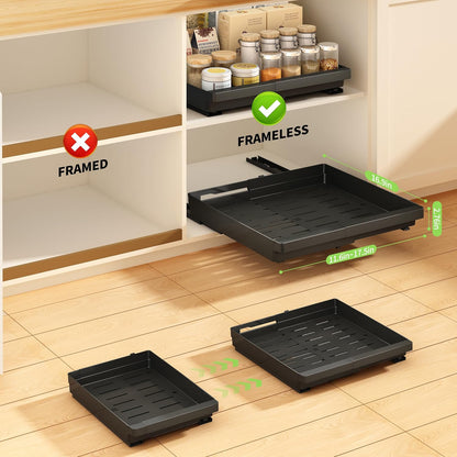 DOMNIU Pull Out Cabinet Organizers Expandable,White,16.9"Depth,2 Pack | Slide Out Drawers for Kitchen, Bathroom, Pantry, Under Sink Storage, Fixed with Adhesive Nano Film (11.6''-17.5'')