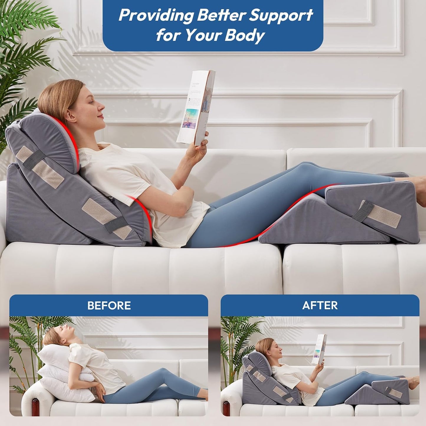 Ahpmeoa 6PCS Wedge Pillow Set for After Surgery, Back Pillow for Bed Sitting Up, Orthopedic Bed Wedge for Body, Leg Pain Relief, Memory Foam Pillow for Post Surgery, Sleeping, Acid Reflux, Plush Grey