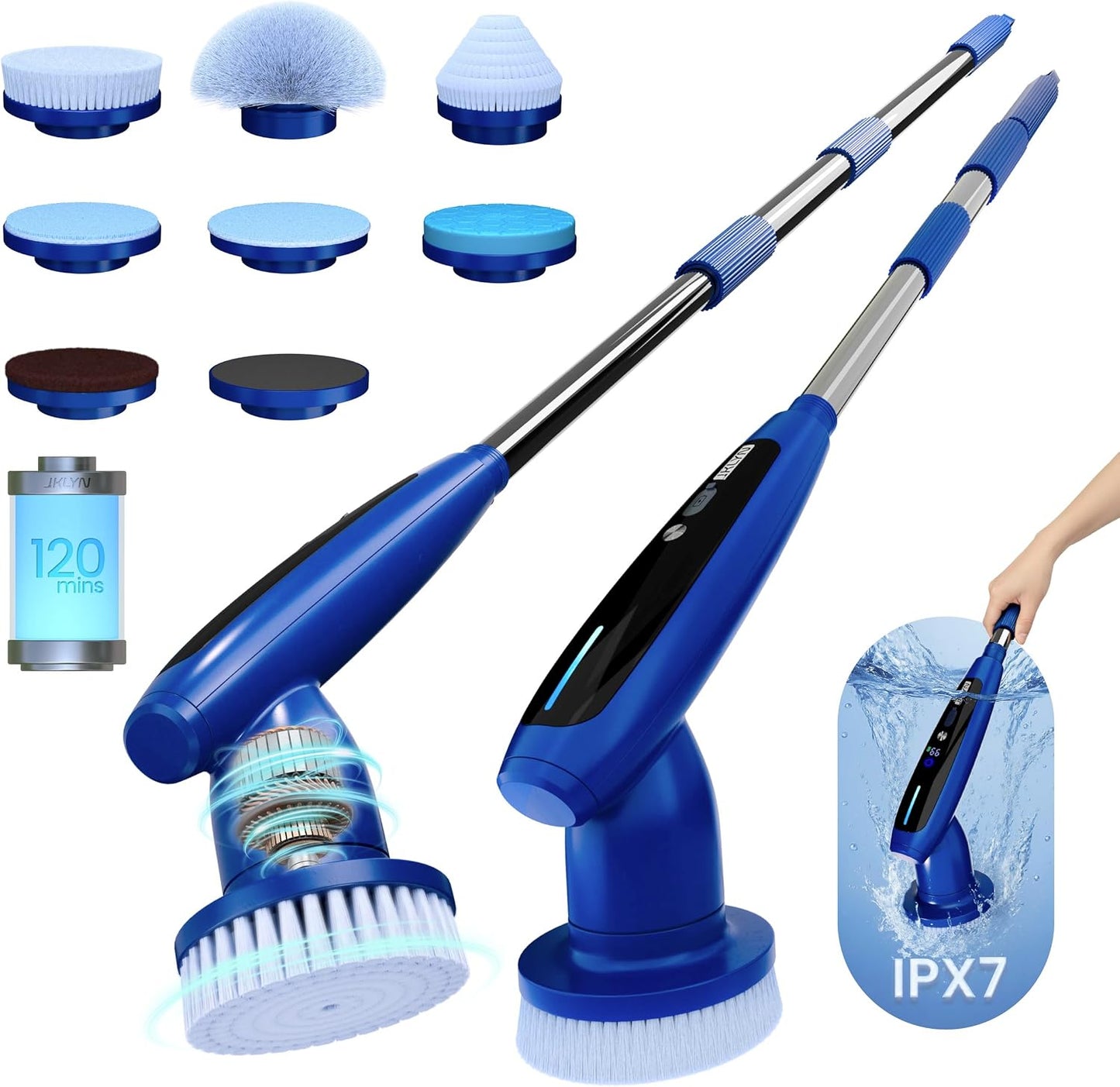 2026 Upgraded Electric Spin Scrubber: 120 Min Runtime, IPX7 Waterproof Cordless Power Scrubber, Adjustable Extension Handle, 8 Heads, 2 Speeds for Shower, Tub, Tile & Floor