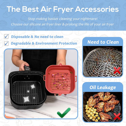 Silicone Air Fryer Liners Square - Reusable Airfryer Collapsible Basket - Easy to Clean Air Fryers Pot for 5.8 to 8 Qt Baking Tray Oven Accessories, 8.5 Inch Large