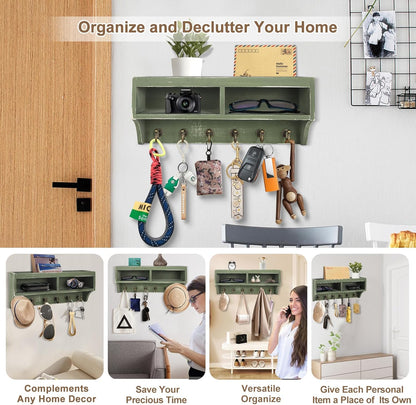 Key Holder Wall Mount with Mail Organizer, 6 Hooks & Shelf, Brown | Wood Key Holder Wall Mount with 6 Key Hooks, Shelf & Storage Box and Mail Organizer for Entryway, Apartment, Home and Office