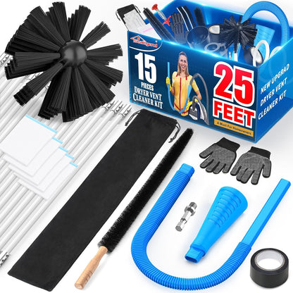 Sealegend 15-Piece 25-Feet Dryer Vent Cleaner Kit, Dryer Cleaning Tools, Omnidirectional Dryer Lint Vacuum Attachment, Dryer Vent Brush, Universal Vacuum & Dryer Adapters (Blue) | Omnidirectional Blue Dryer Lint Vacuum Attachment & Lint Trap Brush Clean