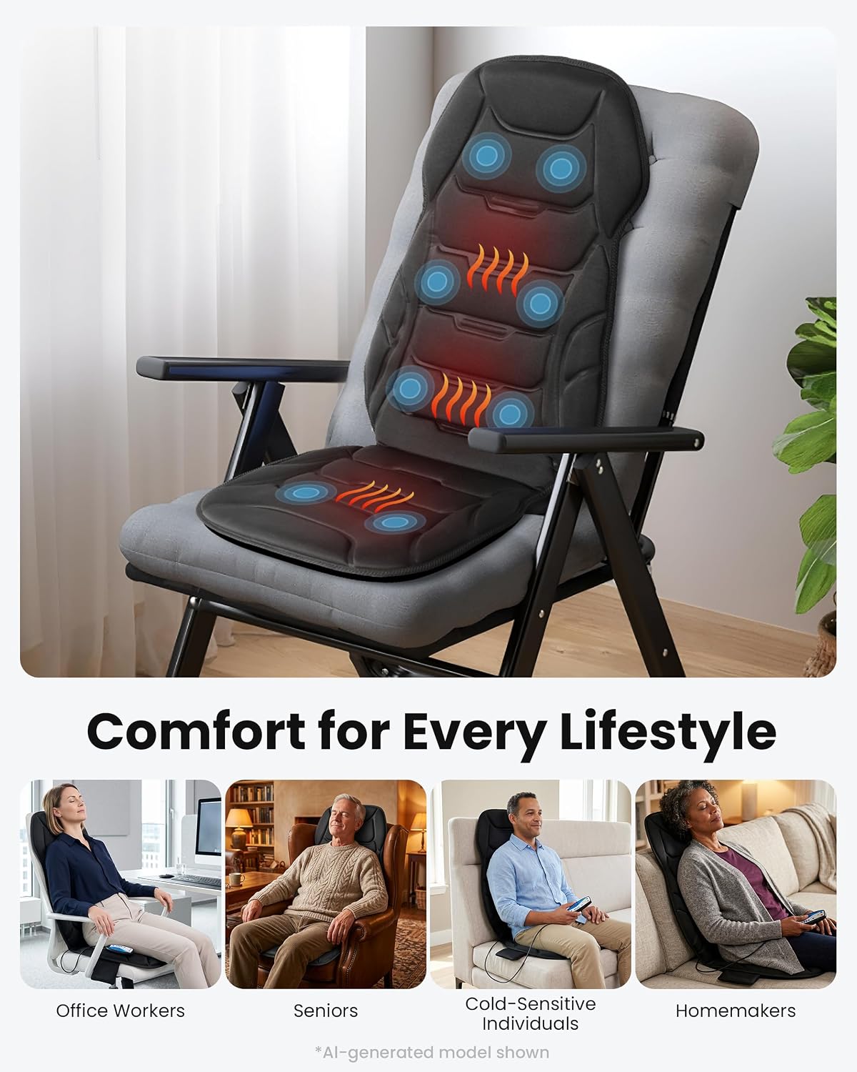 COMFIER Back Massager with Heat, Vibration Massage Seat Cushion with 8 Massage Nodes & 5 Modes, Adjustable Chair Massager Pad for Home Office, Heated Chair Pad, Gifts for Women Men Mom Dad