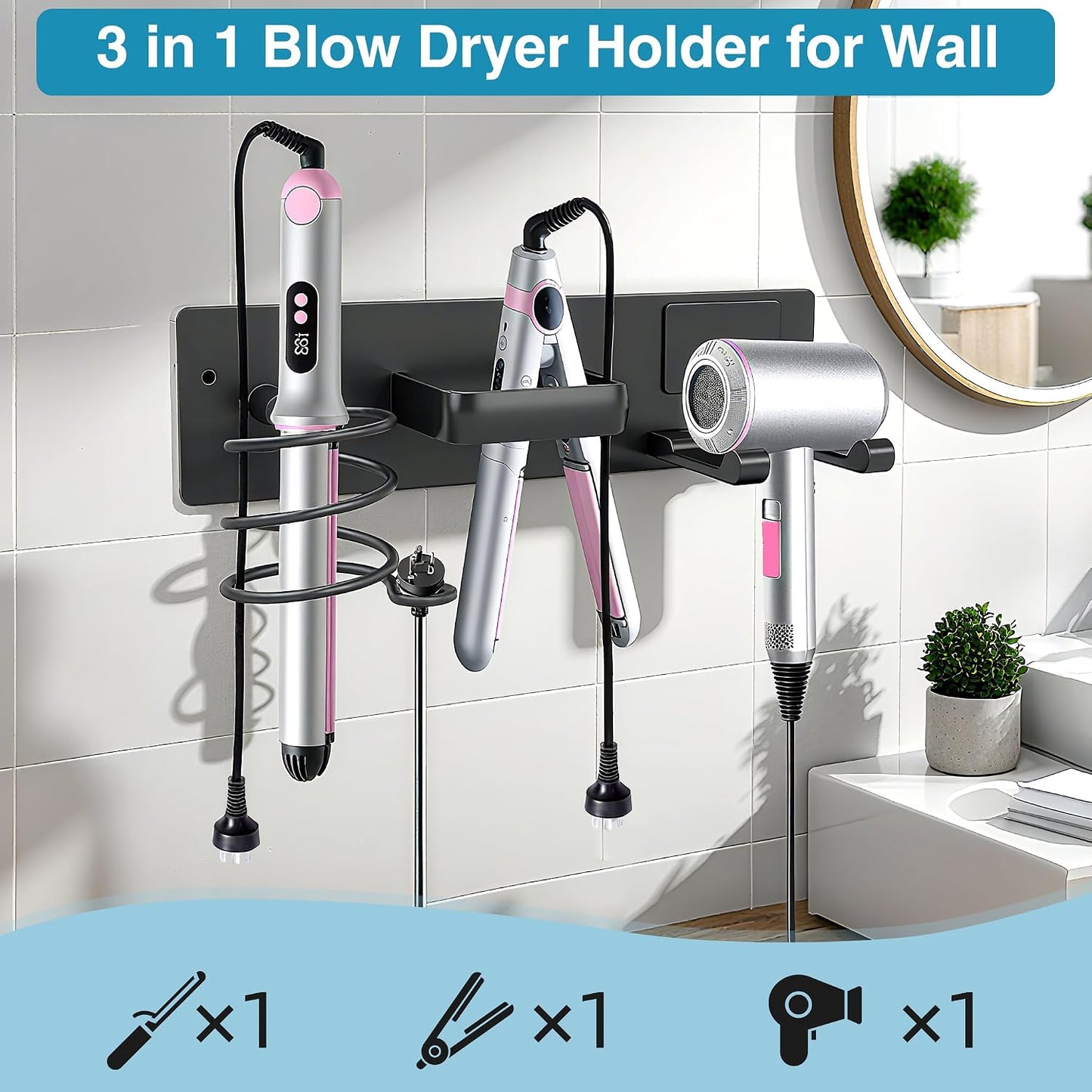 Hair Dryer Holder Hair Tool Organizer Metal Wall Mount (Gold) | Heat Resistant Hair Tool Organizer, Metal Wall Mount Storage, Bathroom Counter Space Saver, Blow Dryer Holder