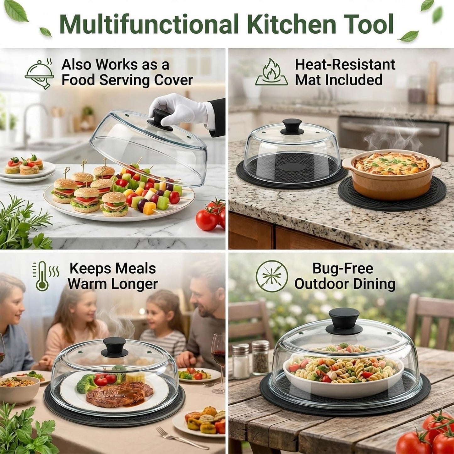10" Glass Microwave Splatter Cover with Silicone Mat | 100% Metal-Free, Ceramic Screw, Heavy-Duty Borosilicate Glass, Anti-Scald Handle, BPA-Free, Dishwasher Safe