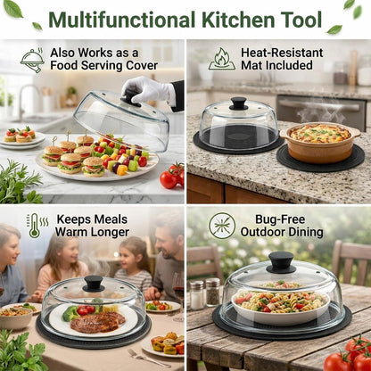 10" Glass Microwave Splatter Cover with Silicone Mat | 100% Metal-Free, Ceramic Screw, Heavy-Duty Borosilicate Glass, Anti-Scald Handle, BPA-Free, Dishwasher Safe