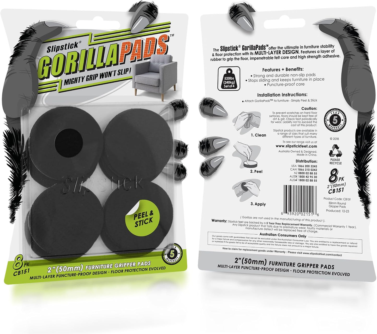 Slipstick GorillaPads CB147 Non Slip Furniture Pads/Gripper Feet (Set of 16) Self Adhesive Rubber Floor Protectors, 1 inch Round, Black
