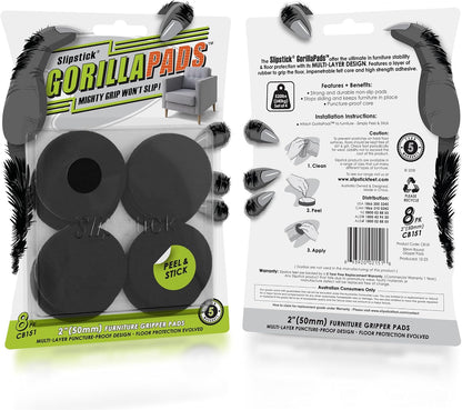 Slipstick GorillaPads CB147 Non Slip Furniture Pads/Gripper Feet (Set of 16) Self Adhesive Rubber Floor Protectors, 1 inch Round, Black