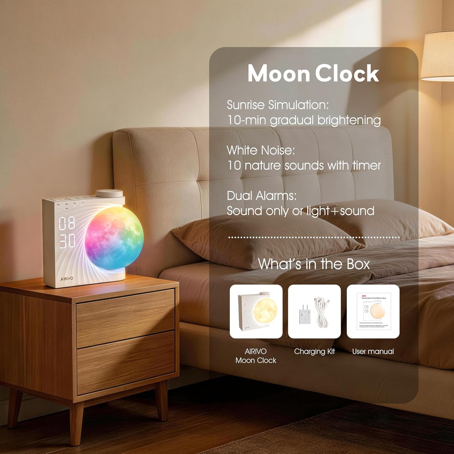 AIRIVO Alarm Clock for Bedrooms, Sunrise Alarm Clock Wake Up Light for Kids Teens, White Noise Sound Machine, Moon Light Dual Alarms for Heavy Sleepers, Night Light Clock for Preppy Room Decor
