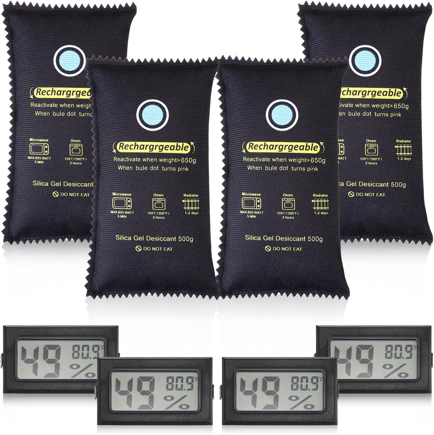 Tellegloww 8 Pcs 500 Grams Rechargeable Silica Gel Desiccant Packets with Mini Digital LCD Hygrometer Thermometers Dehumidifier Bag for Gun Safe Closet Basement Car Storage Clothes Moisture Absorber