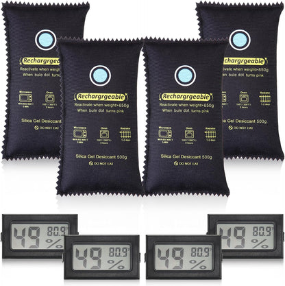 Tellegloww 8 Pcs 500 Grams Rechargeable Silica Gel Desiccant Packets with Mini Digital LCD Hygrometer Thermometers Dehumidifier Bag for Gun Safe Closet Basement Car Storage Clothes Moisture Absorber