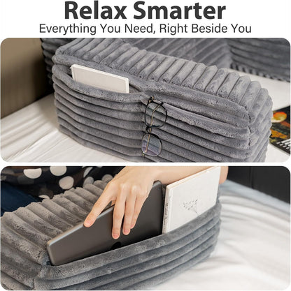 ENITYA 22" XL Back Pillow for Bed Sitting Up with Armrests & Big Pockets | Reading Pillow for Bed, Soft Back Support Chair, Ideal for Watching TV, Gaming, Nursing, Resting, Post Surgery, Dark Grey