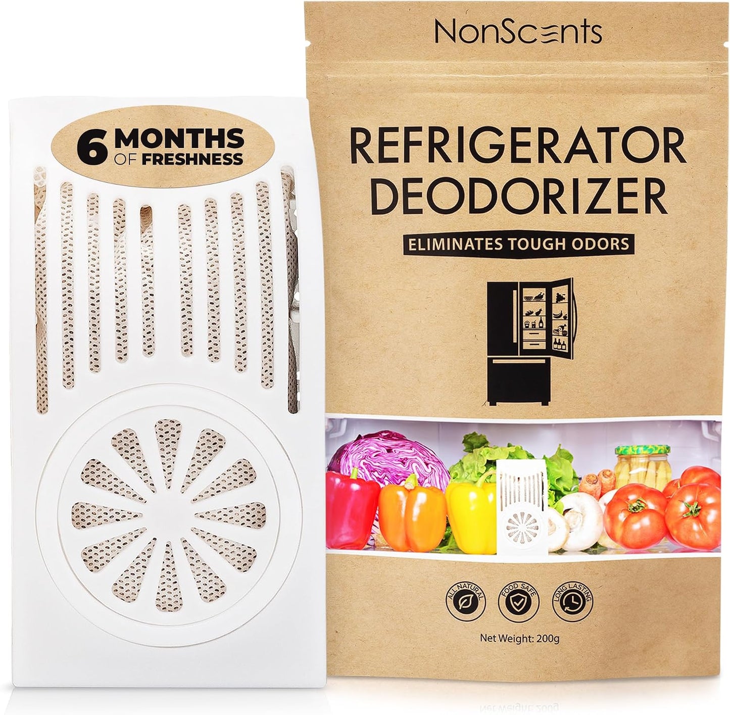 Nonscents Refrigerator Deodorizer - Odor Eliminator - 1 Count | Outshines Baking Soda & Deodorizer with Activate Charcoal, Unscented and Long-lasting Freshen Refrigerator