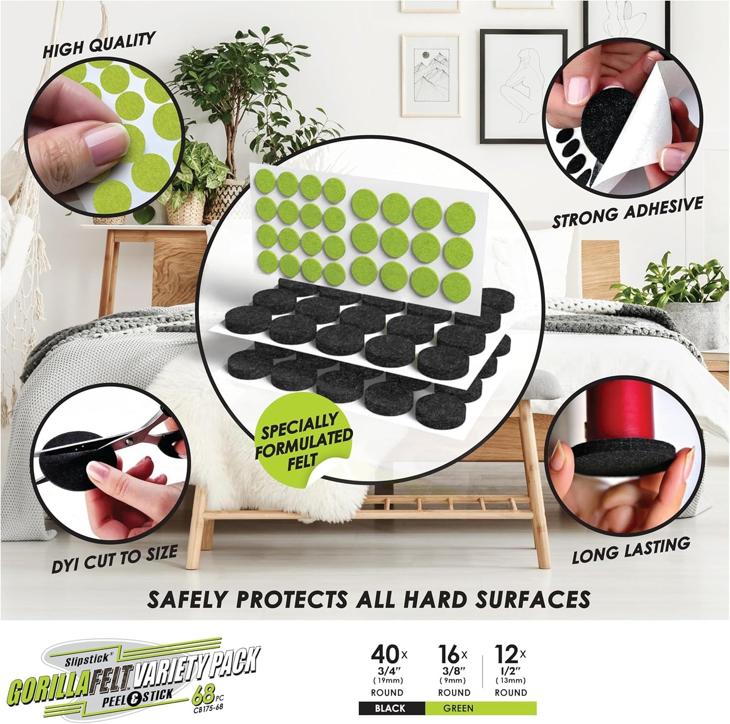 Slipstick Gorilla Felt Furniture Pads (189 Piece Variety Pack) Premium Furniture Pads & Chair Leg Floor Protectors for Hardwood Floors & Hard Surfaces