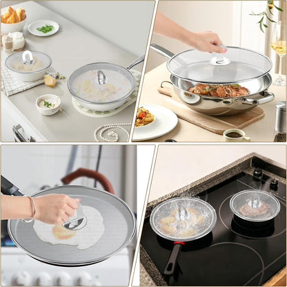 4 Pack Splatter Screens for Frying Pan - 8", 10", 11.5", 13" Stainless Steel Grease Splatter Guard with Foldable Knob, Ultra-Fine Mesh, Rust-Free - No Oil Mess, No Burns, Ultra Fine Mesh
