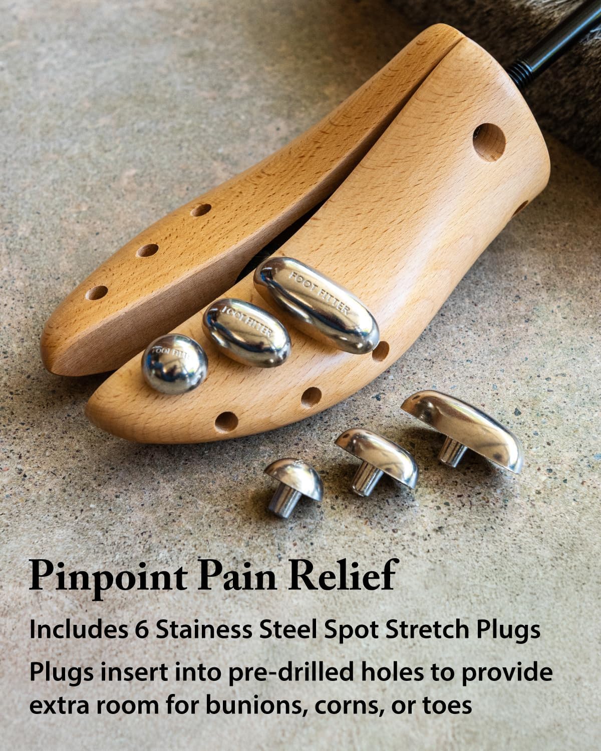 FootFitter Professional 2-Way Shoe Stretcher, Length & Width Expander | Durable Wooden Stretcher Extends Up to ½ a Size, Adds Targeted Stretch for Tight Areas with Metal Relief Spot Plugs
