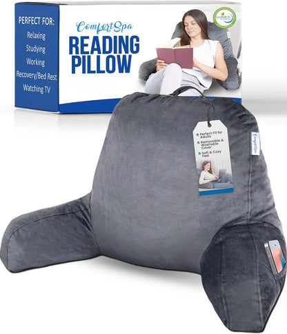 Reading Pillow for Bed with Arms Pockets for Adults, Large Grey | Bed Pillow for Sitting Up for Nursing, Breast Feeding, Bedrest or Relief from GERD or Heartburn; Removable, Washable Cover