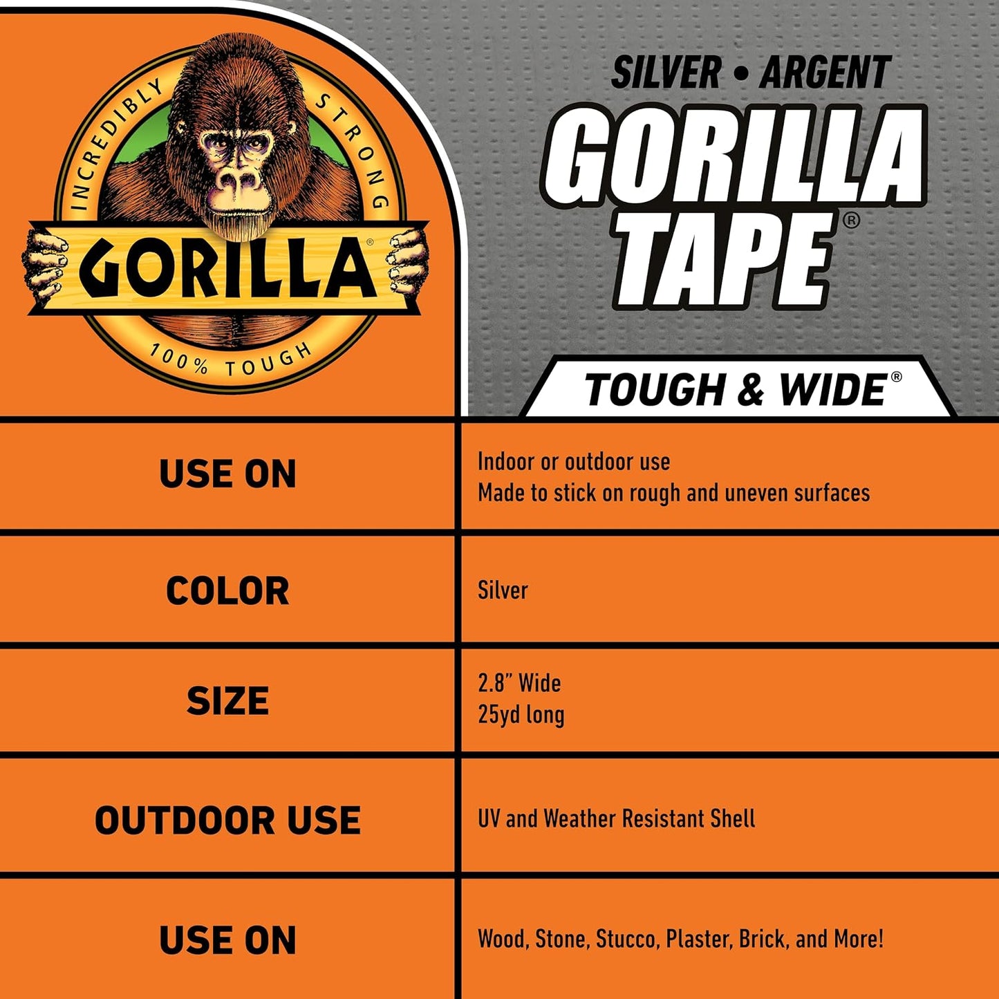 GORILLA Tape Tough & Wide, White, 2.88" x 25 yd | Double-Thick Adhesive, Grips Rough Surfaces, Heavy Duty, Weather Resistant for Indoor or Outdoor Use