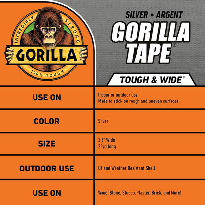GORILLA Tape Tough & Wide, White, 2.88" x 25 yd | Double-Thick Adhesive, Grips Rough Surfaces, Heavy Duty, Weather Resistant for Indoor or Outdoor Use