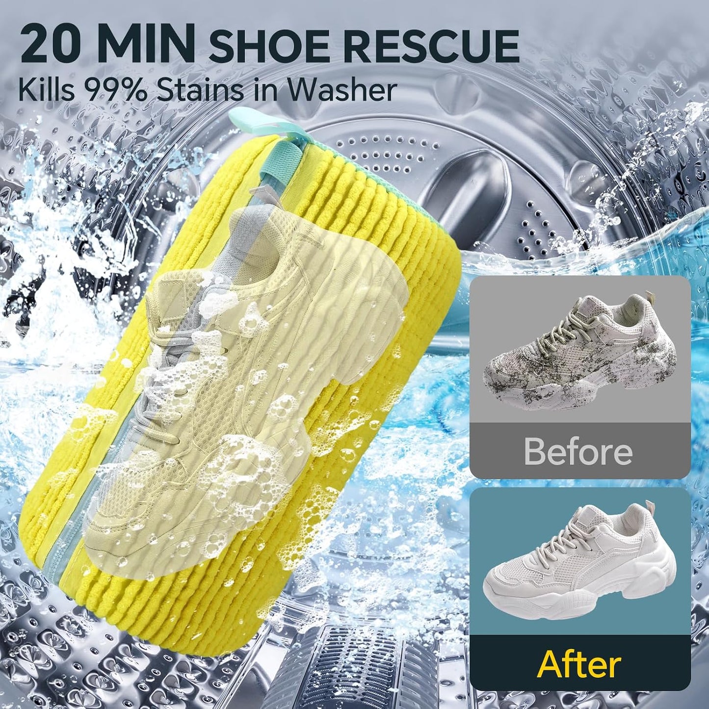 Shoe Washing Machine Bag: 2 Pack Reusable Shoes Cleaning Bags, Light Yellow | Heavy Duty Shoe Laundry Bag for Washer & Dryer, 360° Deep Clean for Sneakers Tennis Shoes, Gifts for Women Men (2pcs)