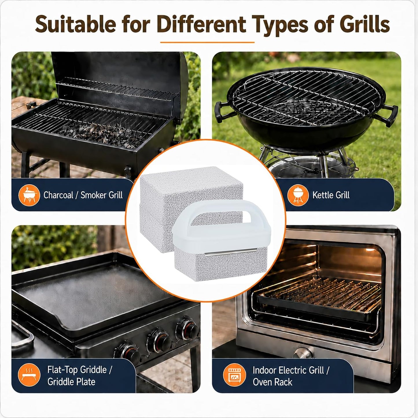 Heavy Duty Grill Cleaning Brick with Handle, Durable Griddle Pumice Stone Cleaning Blocks Removing Stains for Flat Top, Oven, Stove, BBQ Grates, Cookware (3)