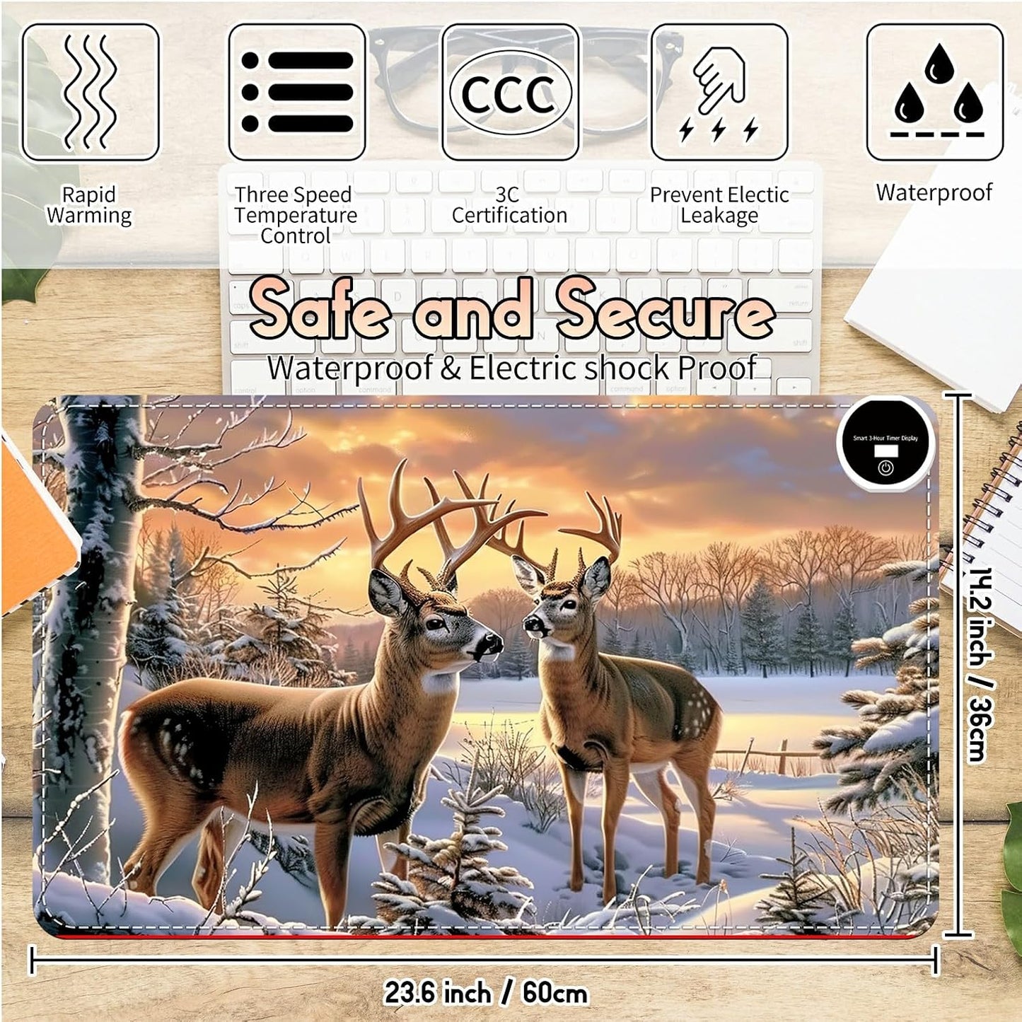 Heated Desk Pad Heated Large Mouse Pad, Electric Quickly Warm Desk Mat with 3 Levels Heating 3 Hours Auto Shut-Off, 31.5" x 13" Warm Gaming Mousepad Hand Foot Warmer, Baby Elephant