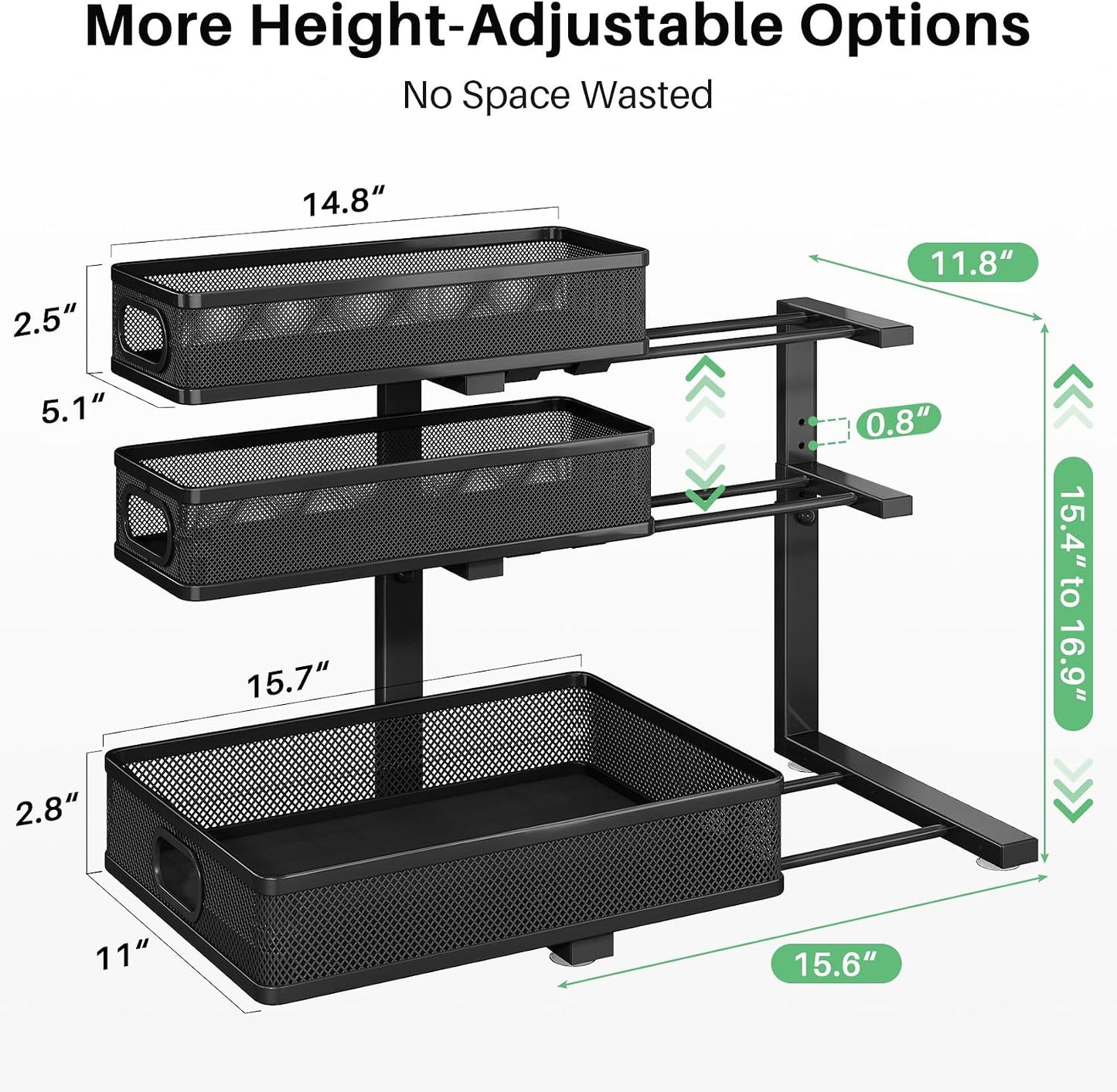 Kitstorack Under Sink Organizer, 2-Pack 3-Tier Height Adjustable Thickened Metal Pull out Cabinet Organizer Shelf, Slide out Storage Drawer Rack for Bathroom Kitchen Pantry Home Laundry Organization