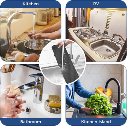 BFONS Silicone Faucet Handle Drip Catcher Drying Tray Mat Dish Soap Sponge Holder Accessories Gadgets for Kitchen Counter Bathroom Kitchen Sink Splash Guard -Grey