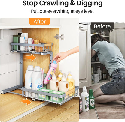PXRACK Under Sink Organizer, Adjustable Height, 2 Tier Pull Out Under Cabinet Organizer, Slide Out Thickened Metal Under Sink Storage for Kitchen Bathroom Laundry Pantry Cabinet, White, Large-2-Pack