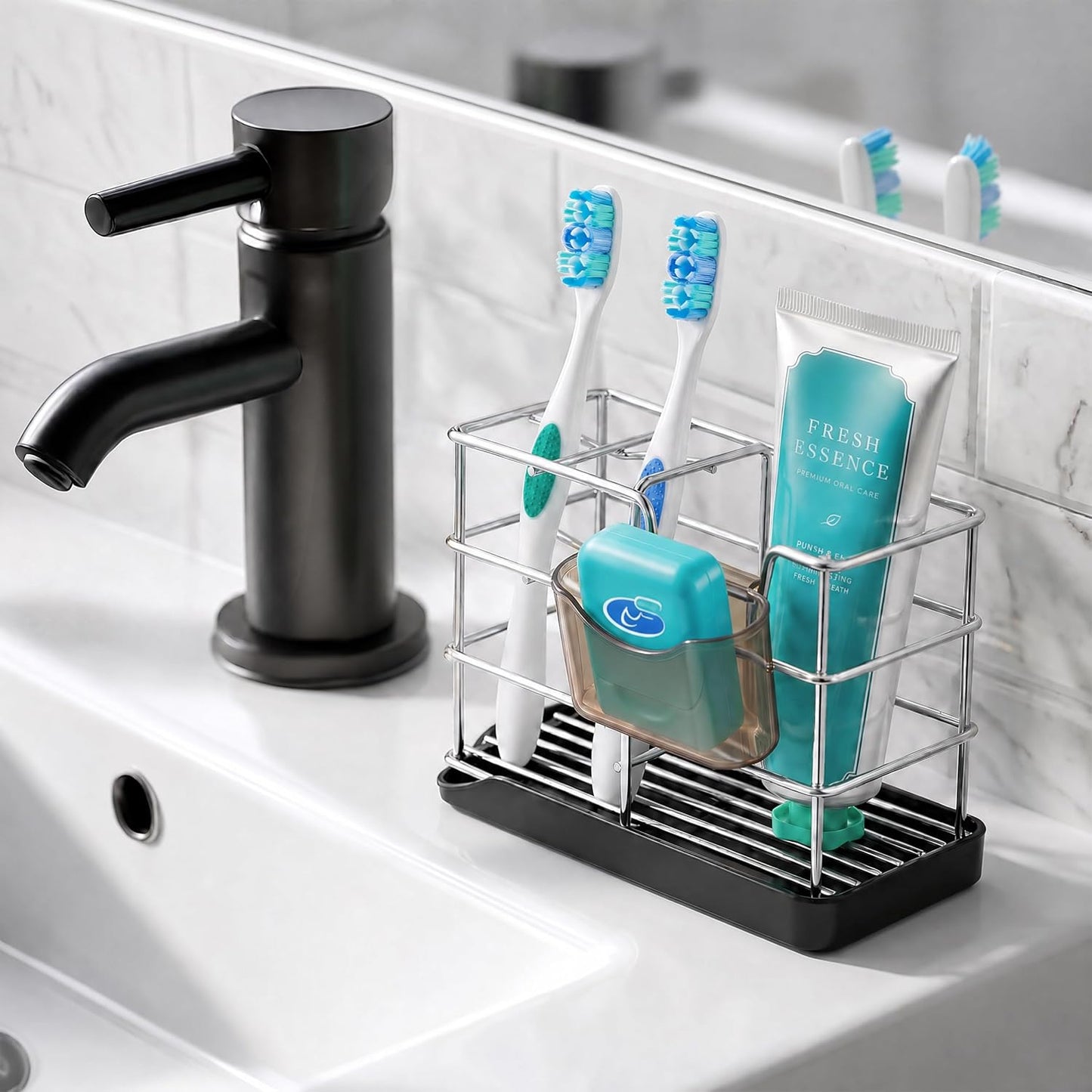 HBlife Toothbrush Holders for Bathrooms Black, Small Stainless Steel Bathroom Toothbrush Holder with Tray, Bathroom Accessories and Apartment Essentials