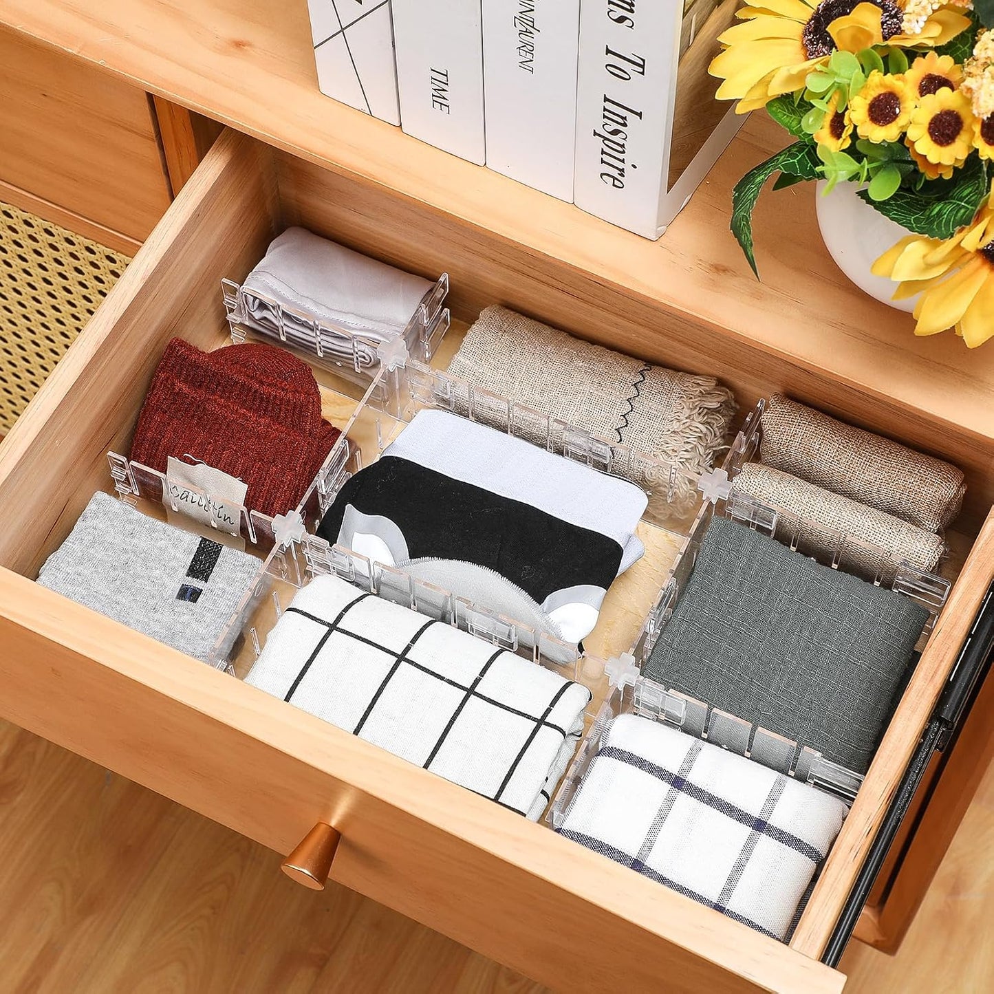 45 Pcs Adjustable Clear Drawer Dividers with Fixed Buckle DIY Plastic Drawer Organizer Box Dividers Back to School Gift for Sock Underwear Makeup Kitchen Bedroom Dresser Office Storage(Clear)