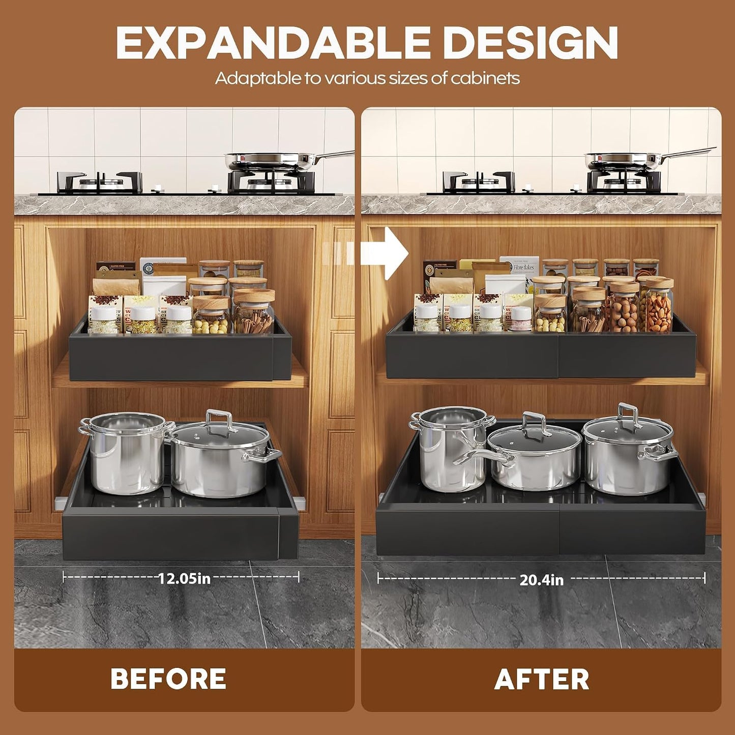 Seinloes 2Pack Expandable Pull Out Cabinet Organizer 21"Deep With Raising Pad for Framed Cabinets, Upgrade 3 Slide Rails Slide Out Drawers, Roll Out Shelves Adhesive,Adjustable Width 12.05"-20.4"White