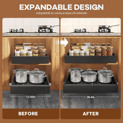 Seinloes 2Pack Expandable Pull Out Cabinet Organizer 21"Deep With Raising Pad for Framed Cabinets, Upgrade 3 Slide Rails Slide Out Drawers, Roll Out Shelves Adhesive,Adjustable Width 12.05"-20.4"White