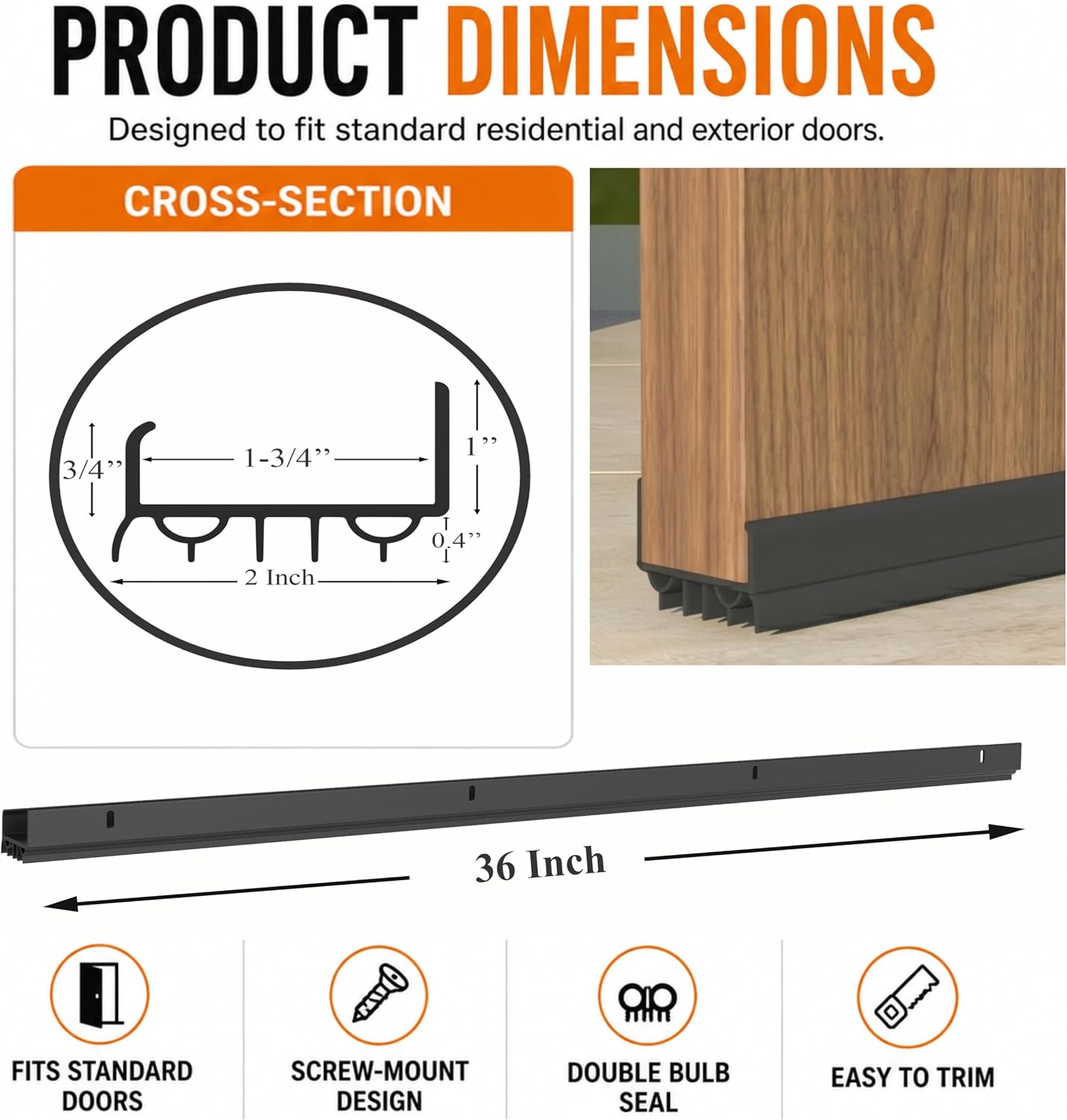 Door Sweep for Bottom of Door, Exterior Door Seal 36”, Fits Standard 1-3/4” Doors, Adjustable Fit, Blocks Draft, Noise, Dust & Bugs, Heavy Duty uPVC, Easy Install with Screws (1, Black)