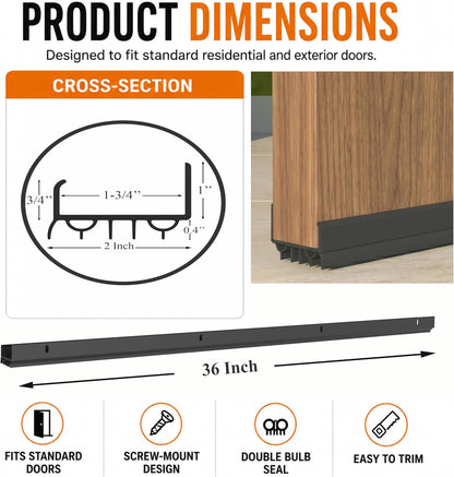 Door Sweep for Bottom of Door, Exterior Door Seal 36”, Fits Standard 1-3/4” Doors, Adjustable Fit, Blocks Draft, Noise, Dust & Bugs, Heavy Duty uPVC, Easy Install with Screws (1, Black)