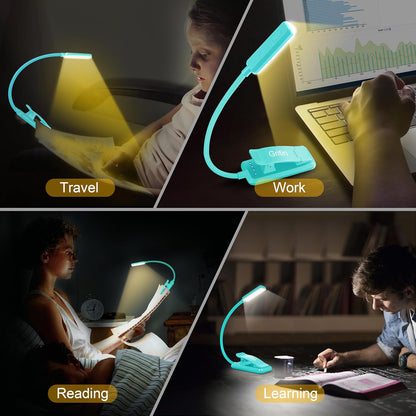 Gritin 9 LED Rechargeable Book Light for Reading in Bed | Eye Caring 3 Color Temps,Stepless Dimming Brightness,80 Hrs Runtime Small Lightweight Clip On Book Reading Light for Studying